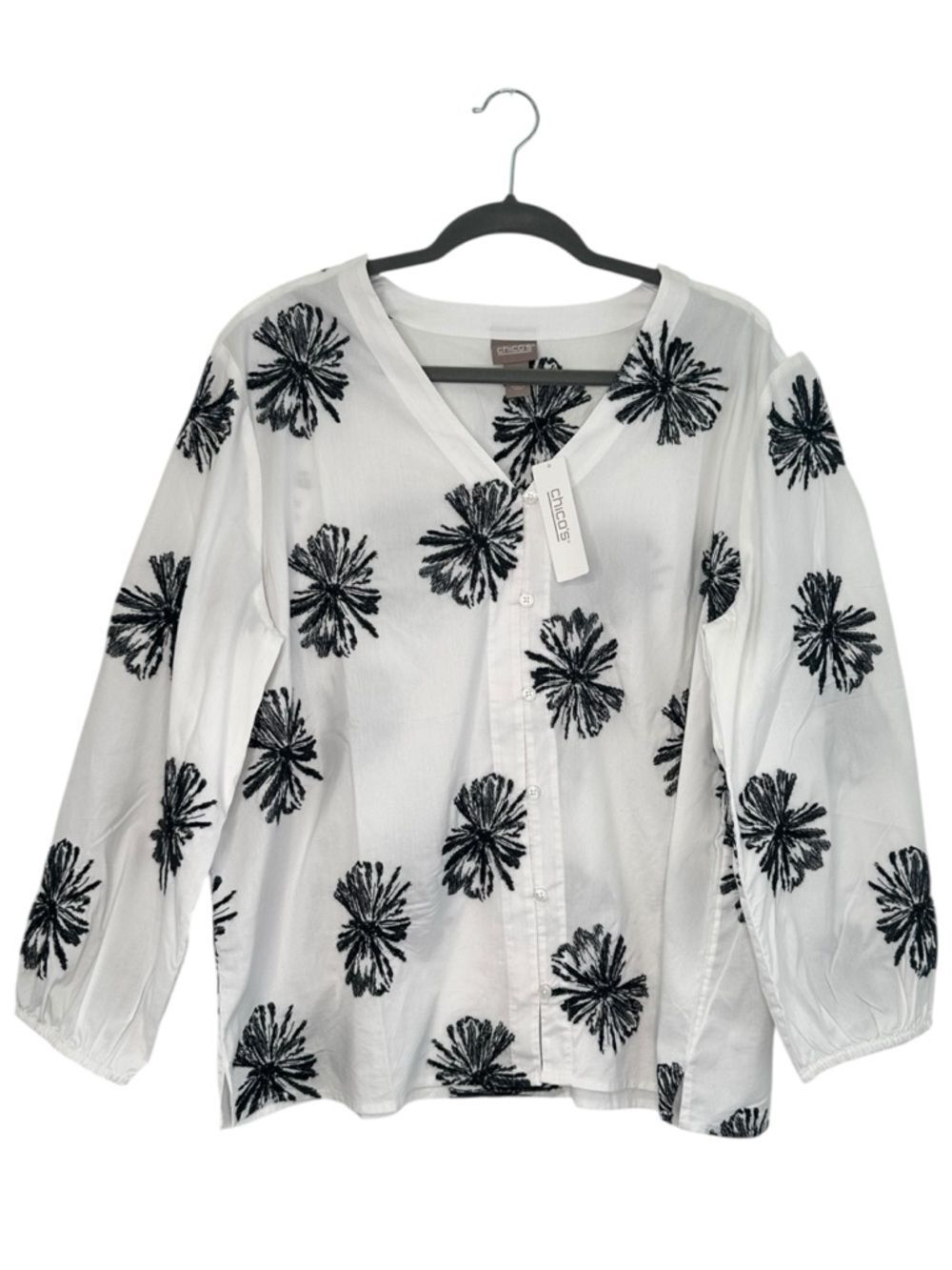 NWT Chico’s All Over Embroidery LS Button Down Blouse XL Sz 3 White Black Floral
